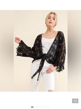Open-Knit Tie-Front Sweater Cardigan - Black NWT